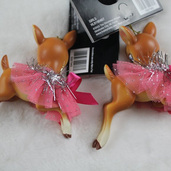 Christmas Shoppe Ornaments Reindeer Tutu Retro Style Set Deer Pink Bow NWT - Picture 3 of 5